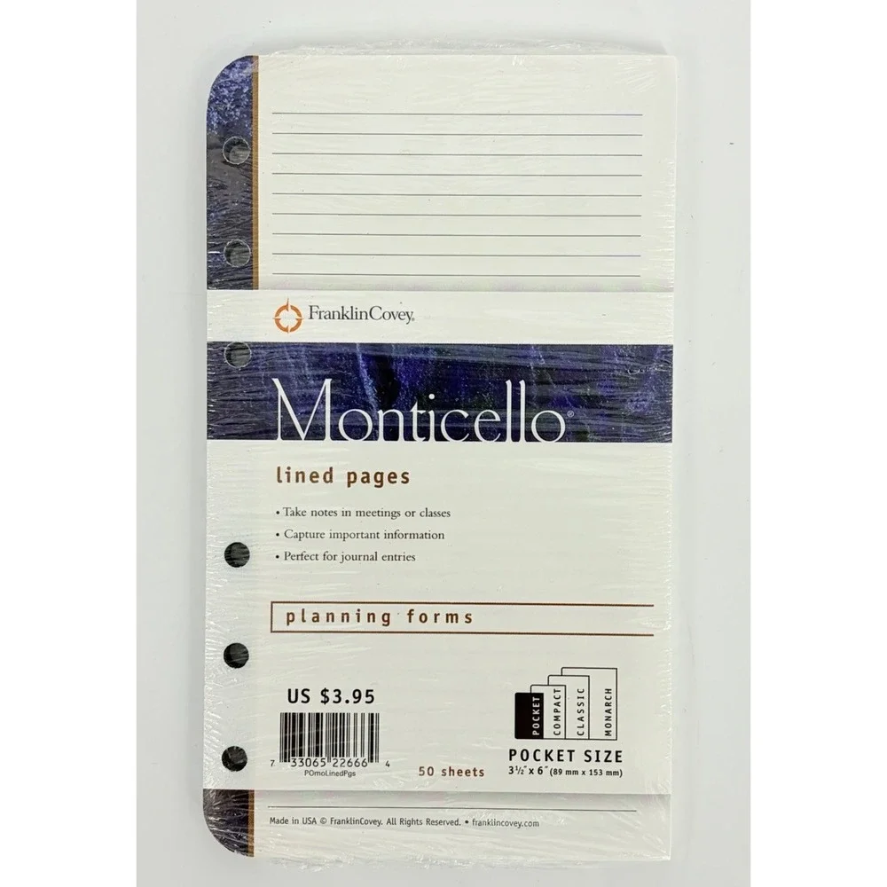 Franklin Covey Monticello Planning Forms Blank and Lined Pages Refills